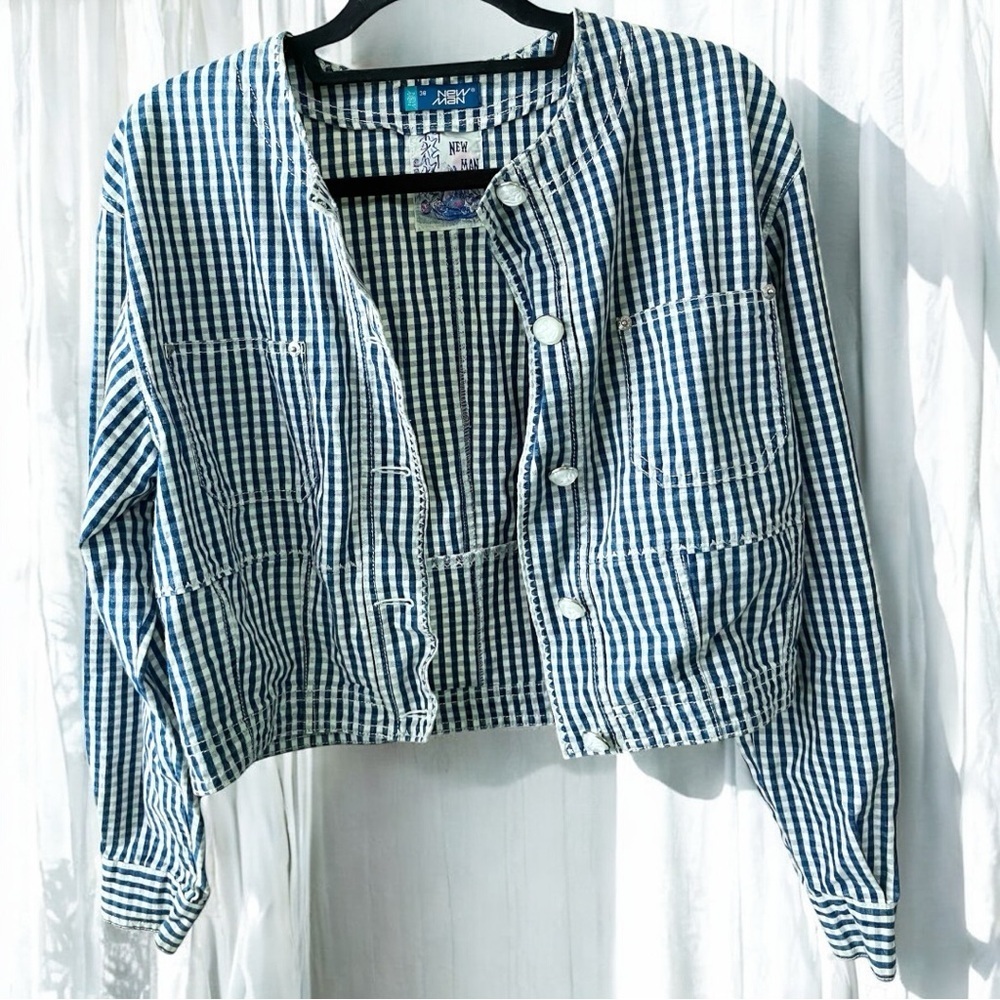 Vintage New Man Blue White Gingham Plaid Striped Button Jacket EU 38 Medium